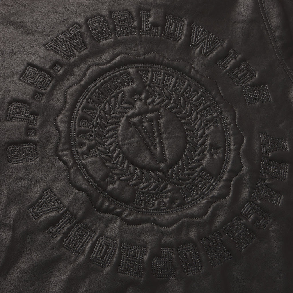 Black faux leather hooded jacket featuring a tonal SP5DER graphic design embossed on the back.