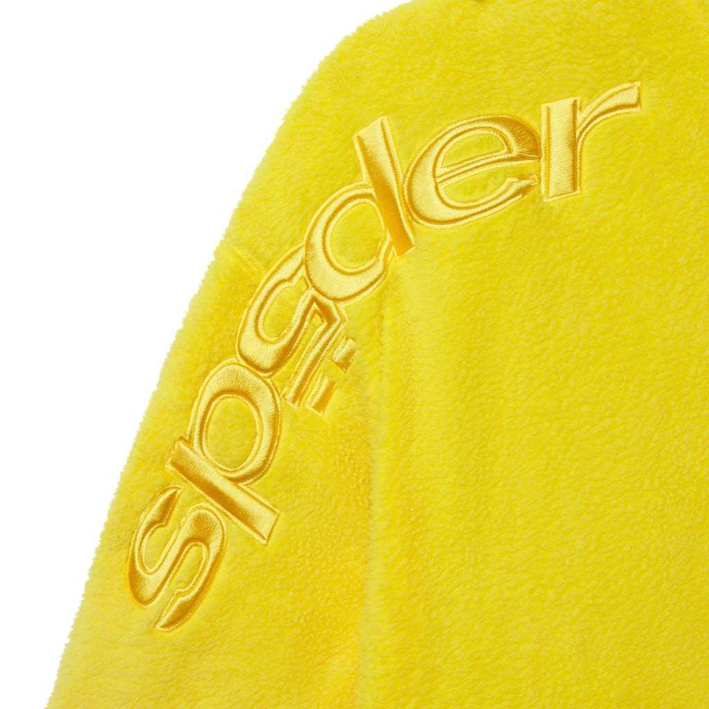 Bright yellow oversized fleece jacket featuring tonal SP5DER graphic embroidery on the sleeve.