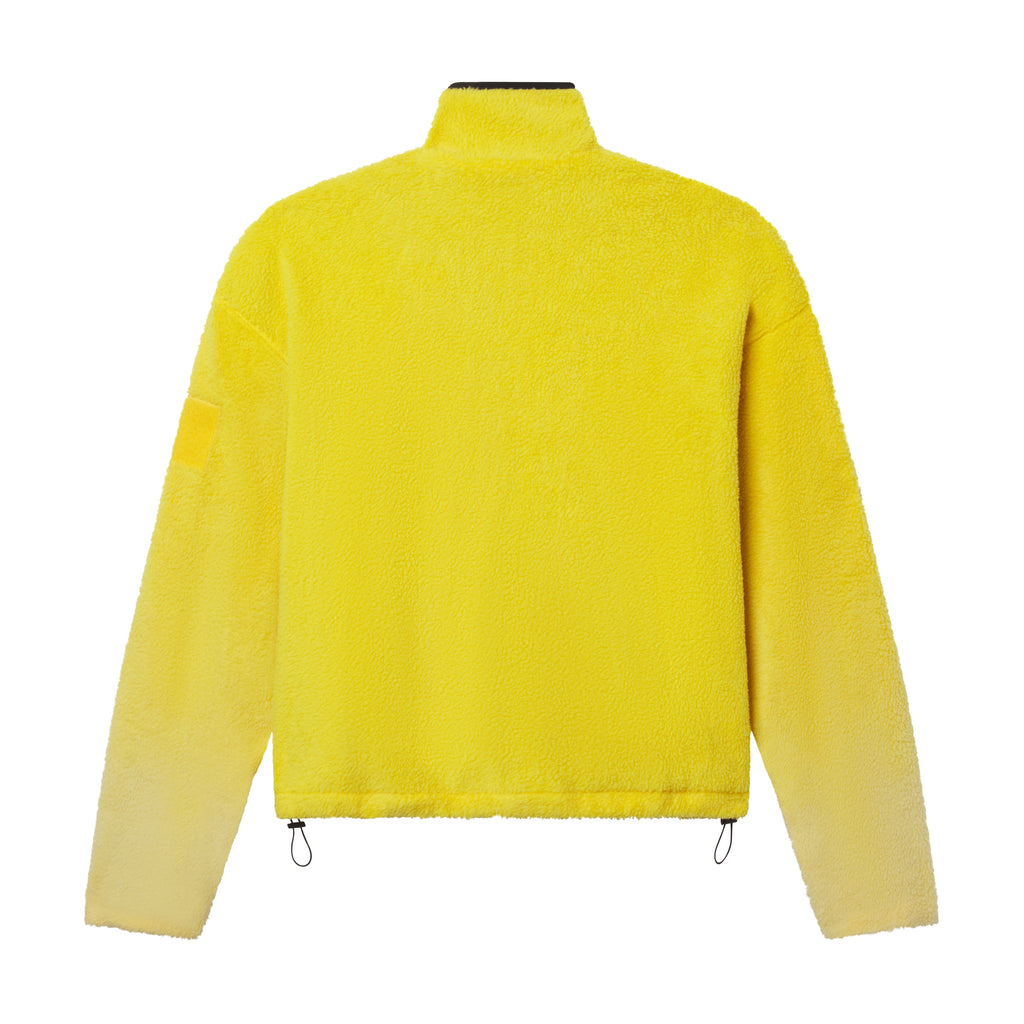 Bright yellow oversized fleece jacket with a stand collar, cropped silhouette, and adjustable drawcord hem.