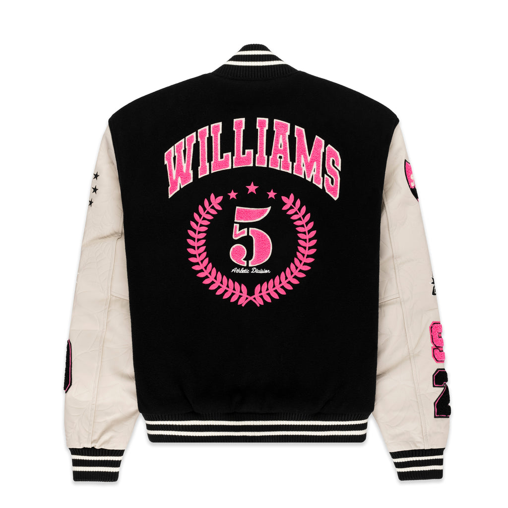 Black wool varsity jacket with cream leather sleeves, pink "WILLIAMS 5" back design, and striped trim.