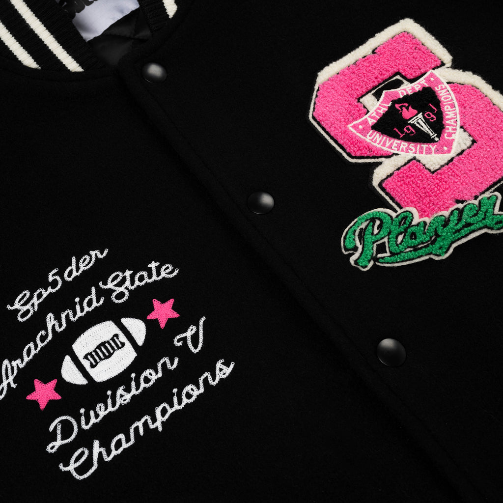 Black wool varsity jacket with leather sleeves, pink and green embroidered patches, and white script.