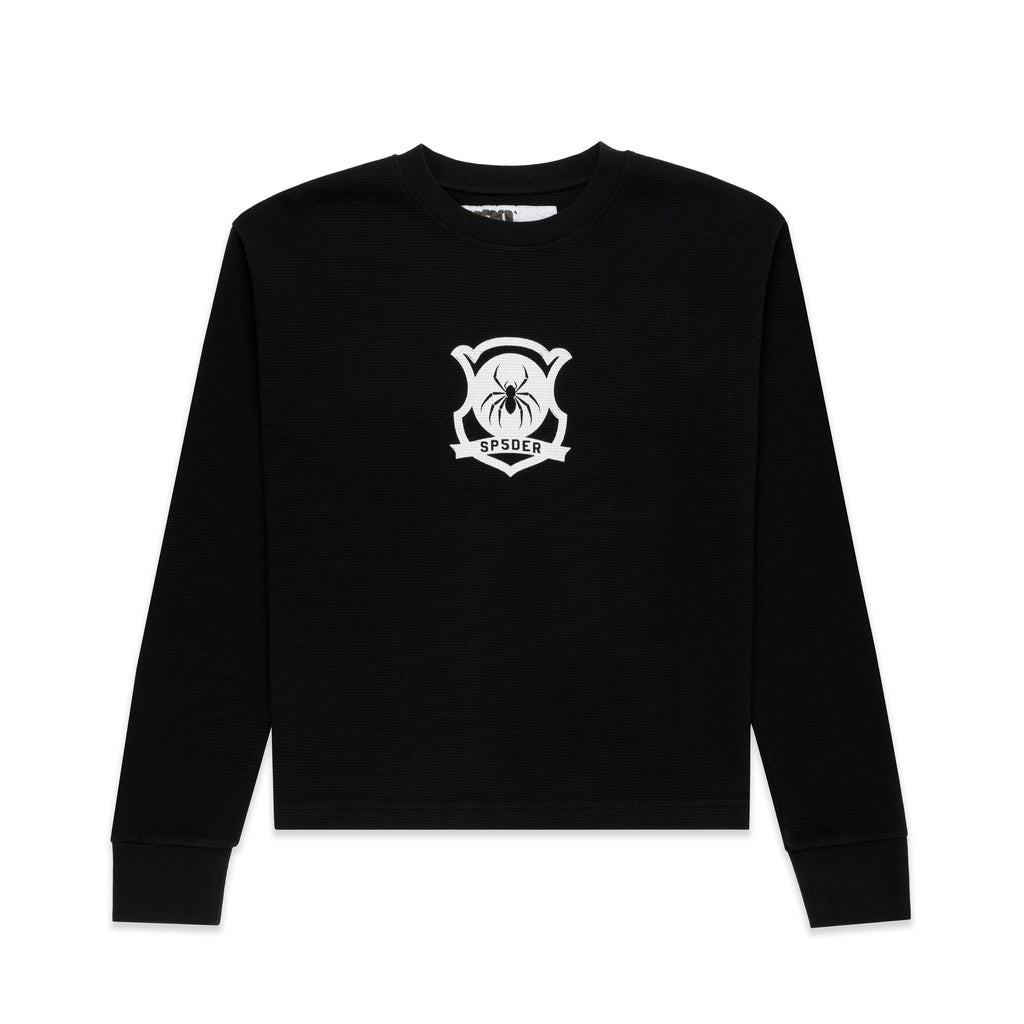 Black waffle knit thermal with white SP5DER spider shield graphic on front.