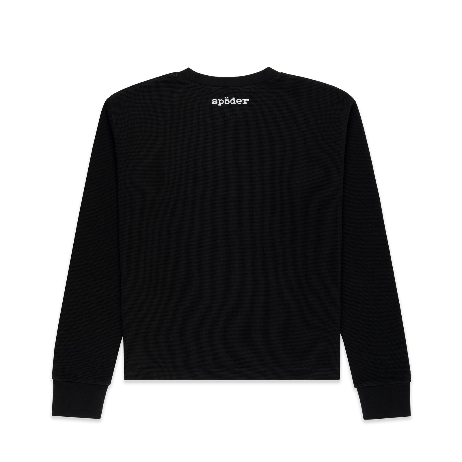 Black waffle knit thermal with ribbed collar, hem, cuffs, and white "sp5der" graphic print on the back neck.