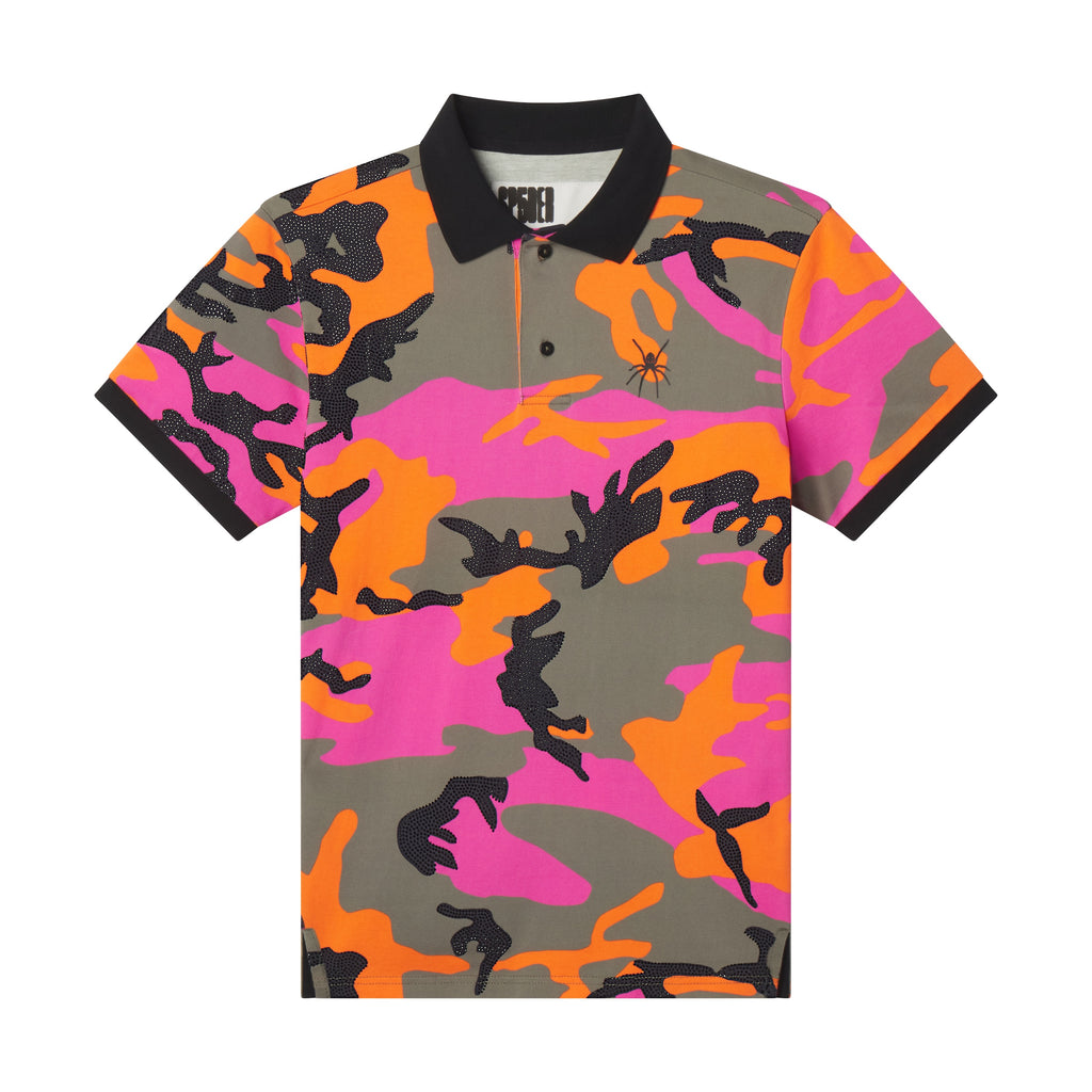 Cotton polo with pink, orange, and olive camo graphic print, rhinestone embellishments, black collar, and chest logo.