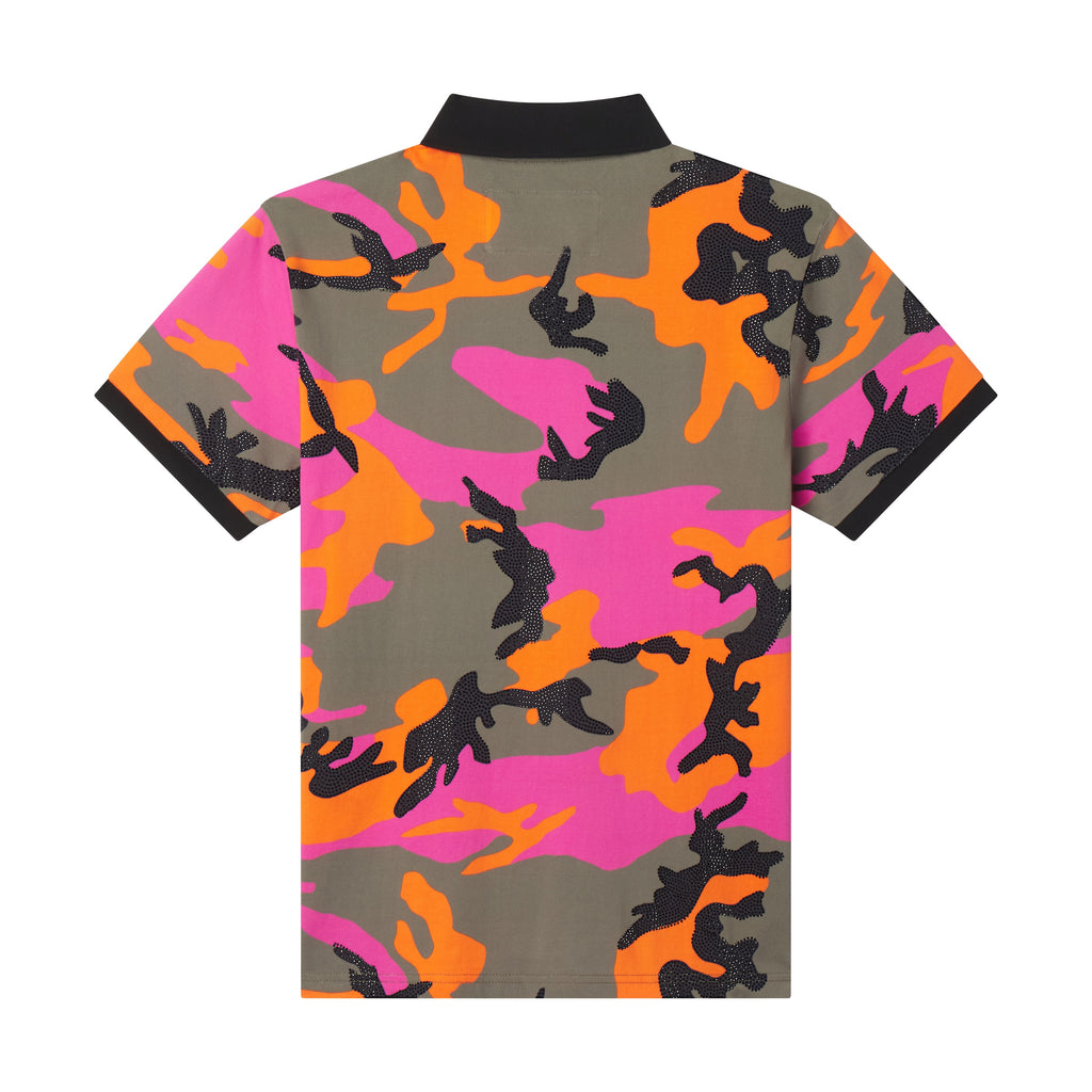 Cotton polo shirt featuring a pink, orange, and olive camo graphic print with sparkling rhinestone embellishments.