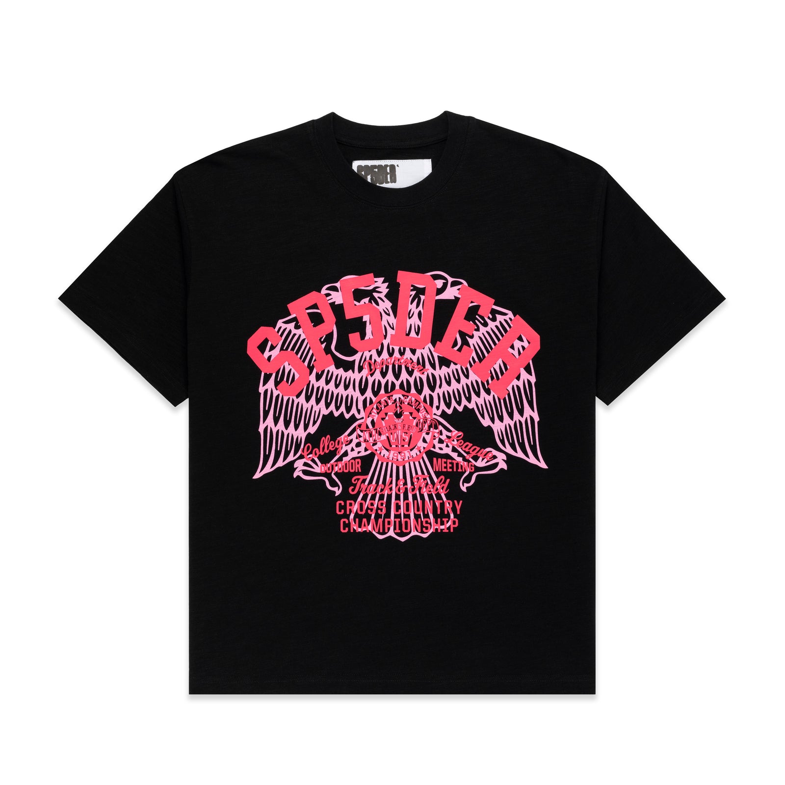 Black slub jersey tee with a large pink graphic print of an eagle and text.