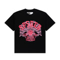 Black slub jersey tee with a large pink graphic print of an eagle and text.