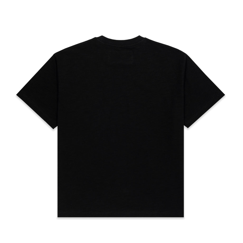 Black CROSS COUNTRY SLUB TEE, back view, showing slub jersey material and round neck.