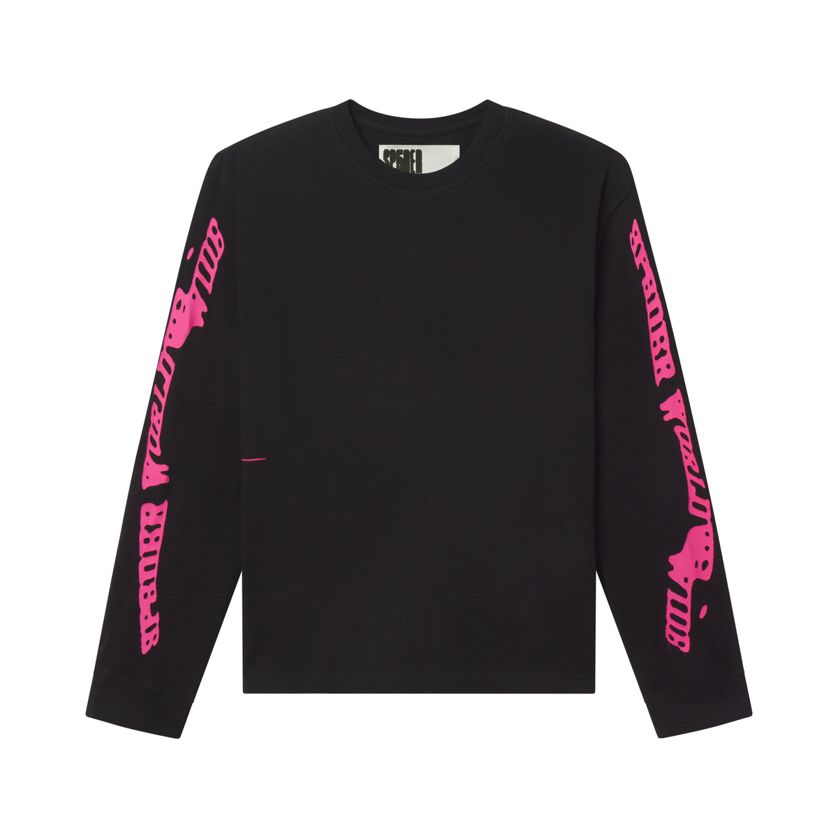 Black waffle knit thermal shirt featuring a ribbed collar and vibrant pink graphic print designs along both sleeves.