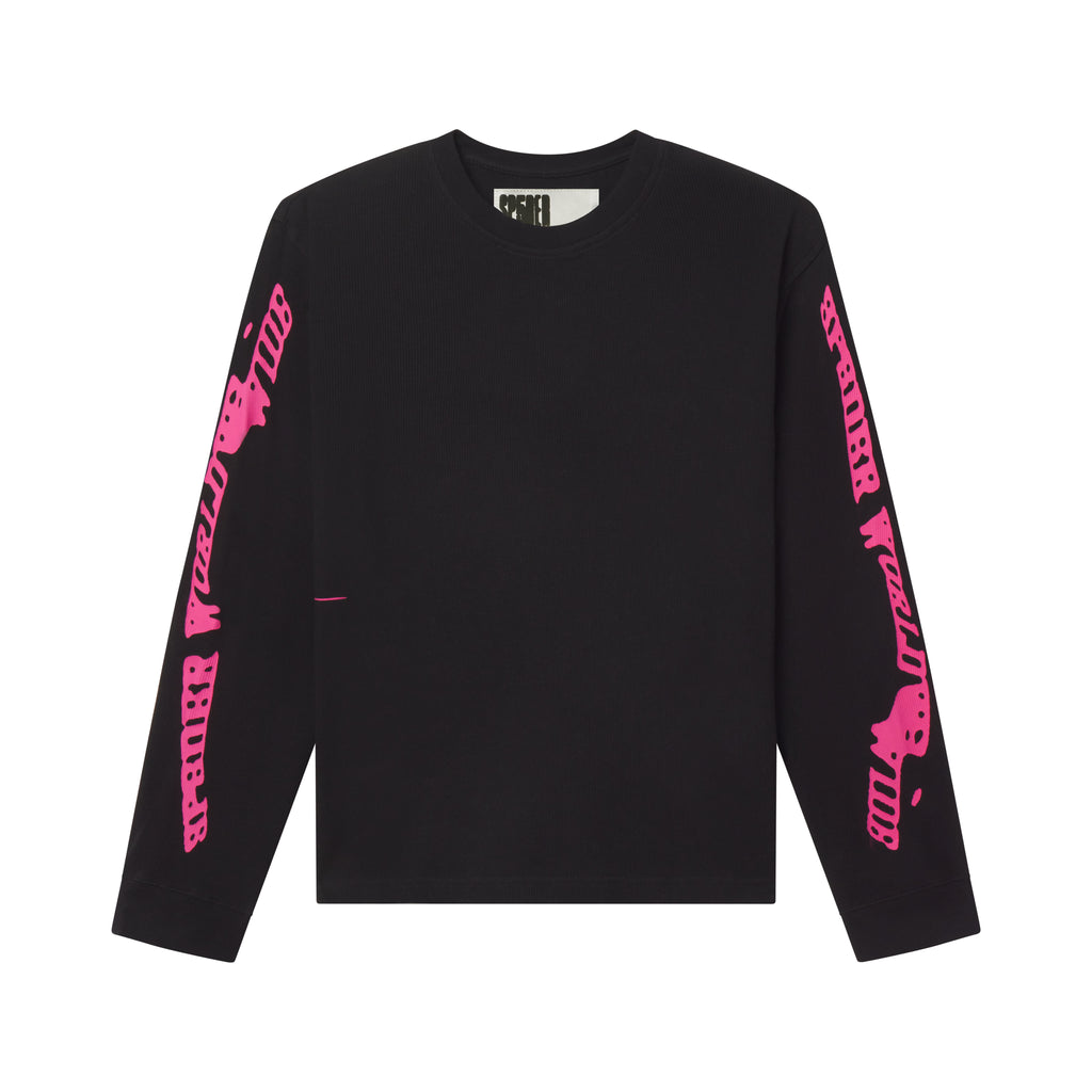Black waffle knit thermal shirt featuring a ribbed collar and vibrant pink graphic print designs along both sleeves.