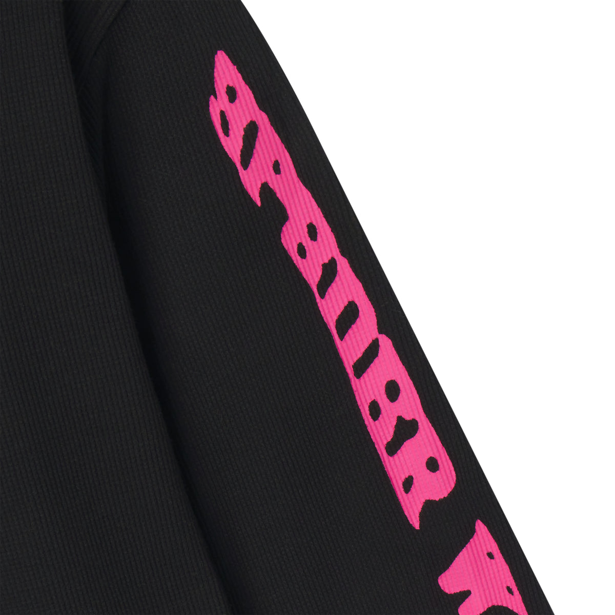 Black waffle knit thermal sleeve featuring a vibrant pink graphic print design.