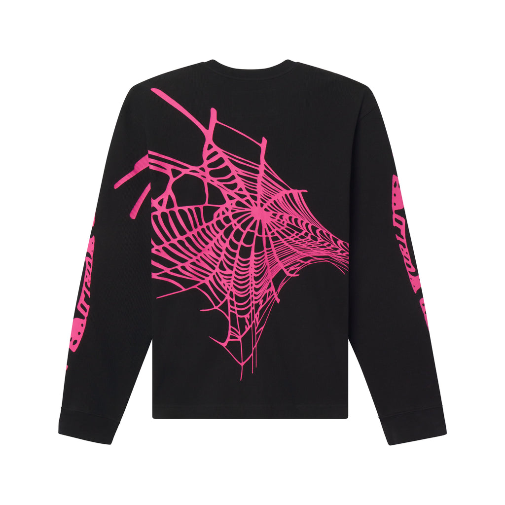 Black waffle knit thermal featuring a pink graphic spiderweb design on the back and sleeves with a ribbed collar and cuffs.