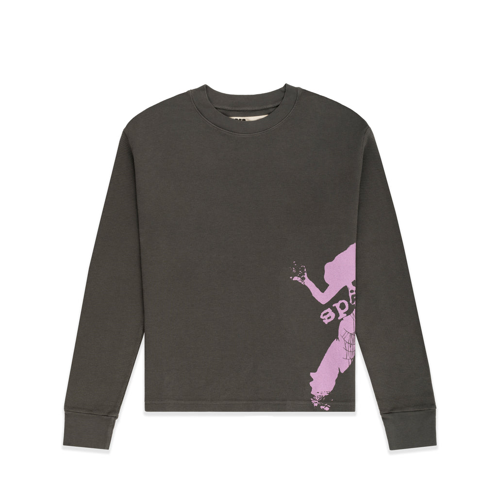 Dark grey thermal long sleeve shirt with ribbed cuffs and collar, featuring a pink "5EX girl" graphic print.