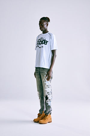 WHITE CONTRAST STITCH SLUB TEE ON MODEL