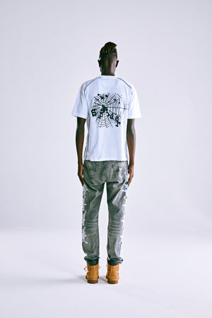 WHITE CONTRAST STITCH SLUB TEE ON MODEL