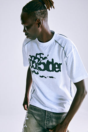 WHITE CONTRAST STITCH SLUB TEE ON MODEL