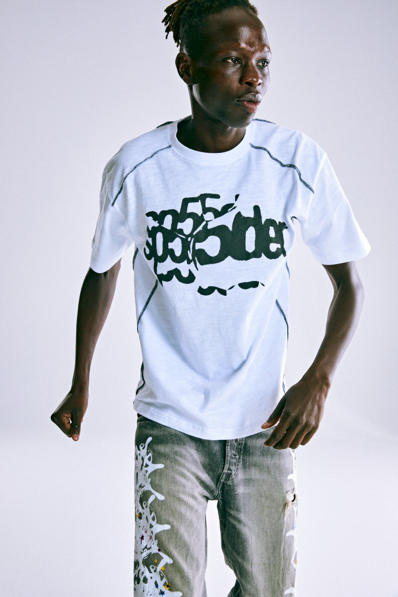 WHITE CONTRAST STITCH SLUB TEE ON MODEL