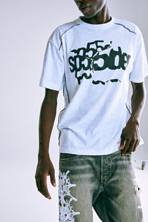 WHITE CONTRAST STITCH SLUB TEE ON MODEL