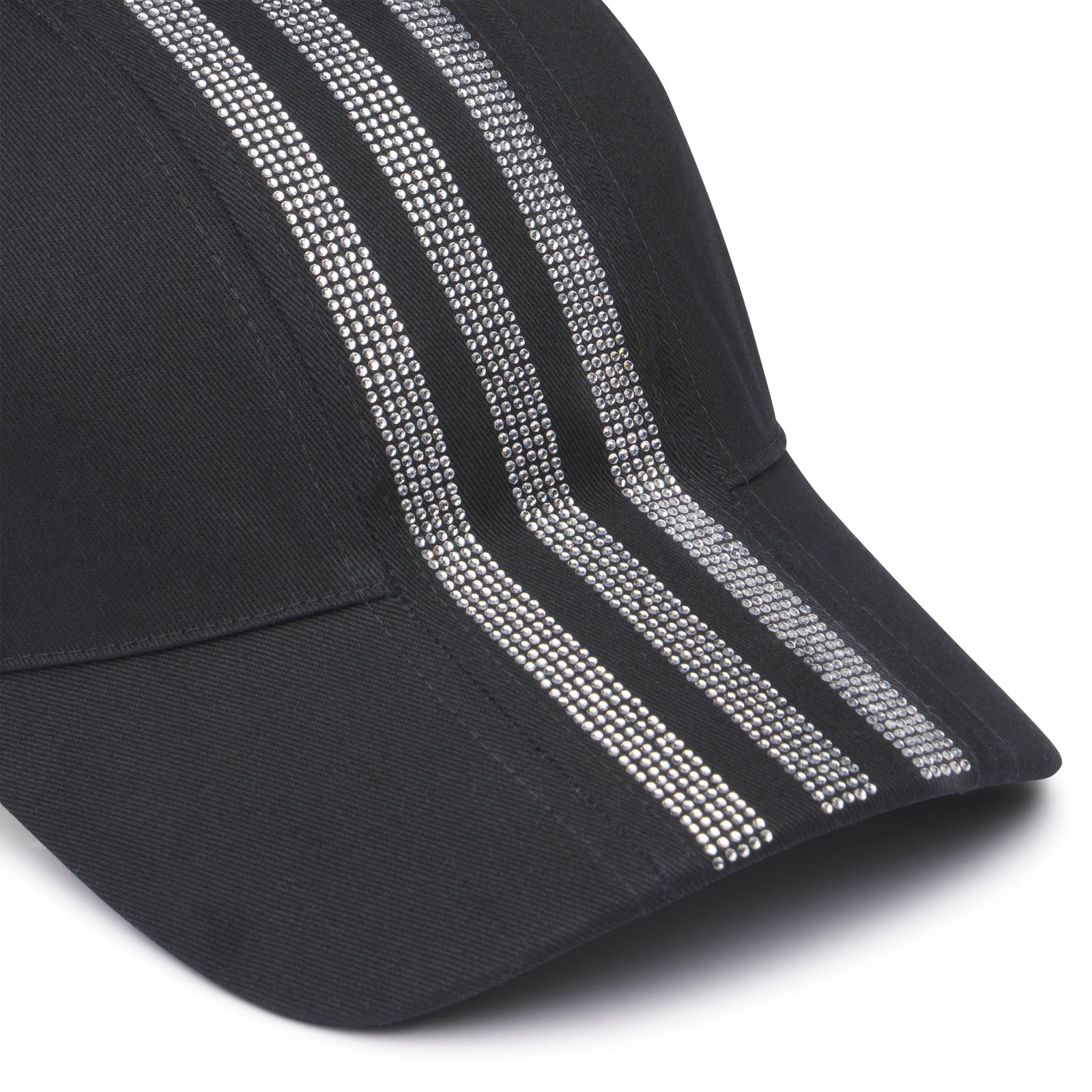 Black cotton twill SP5DER cap with three rhinestone adidas stripes on the side.