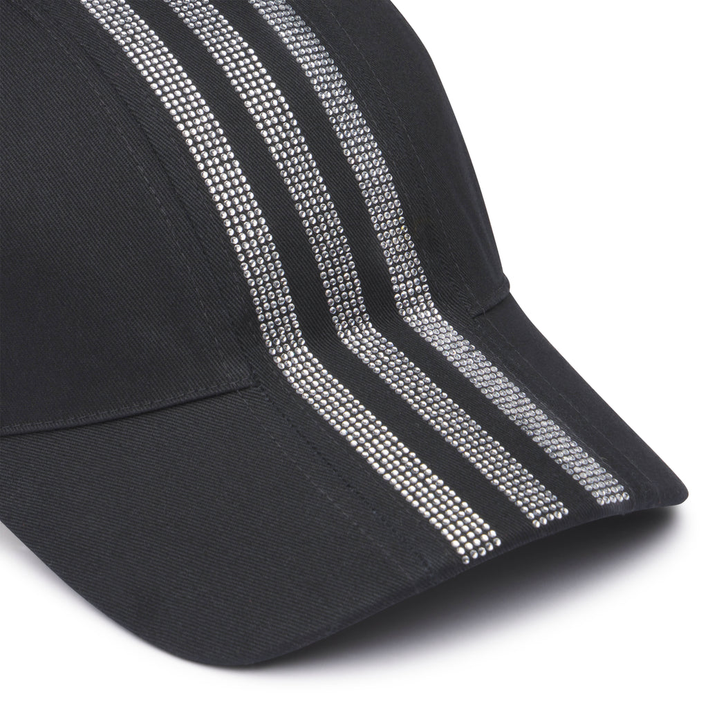Black cotton twill SP5DER cap with three rhinestone adidas stripes on the side.