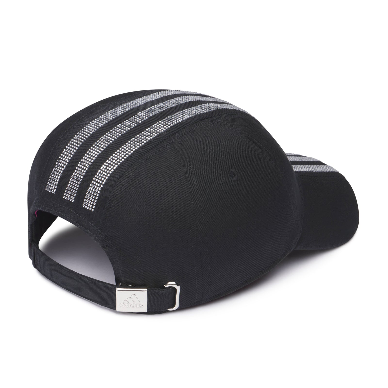 Black cotton twill SP5DER cap with rhinestone adidas 3-Stripes graphic design and metal buckle.