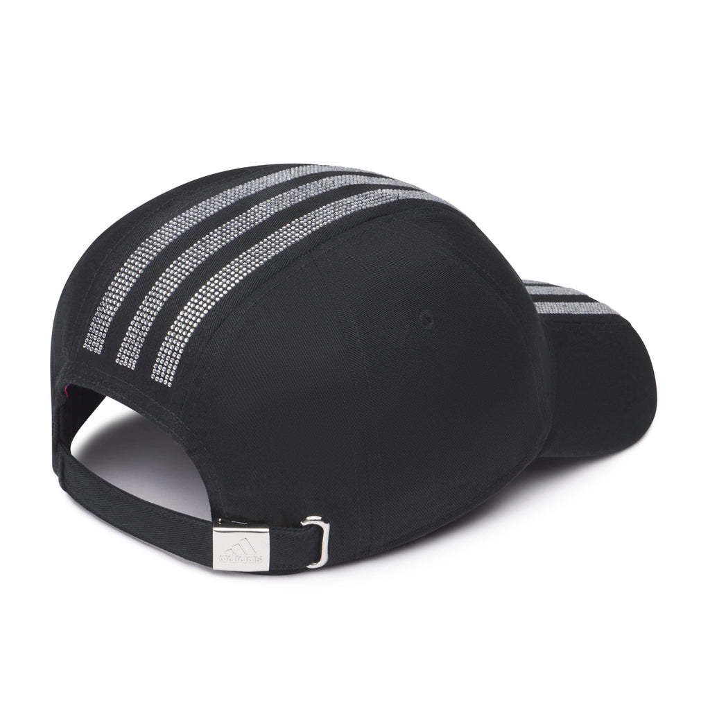 Black cotton twill SP5DER cap with rhinestone adidas 3-Stripes graphic design and metal buckle.