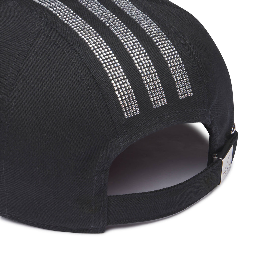 Black cotton twill SP5DER cap with rhinestone adidas 3-Stripes graphic design and adjustable fabric strap.