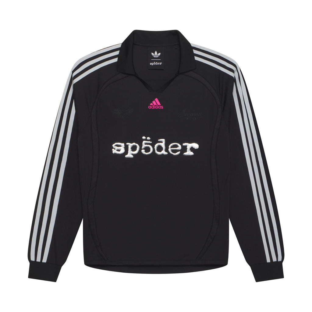 Black polyester SP5DER football jersey with white adidas 3-Stripes, pink adidas logo, and reflective SP5DER graphic.