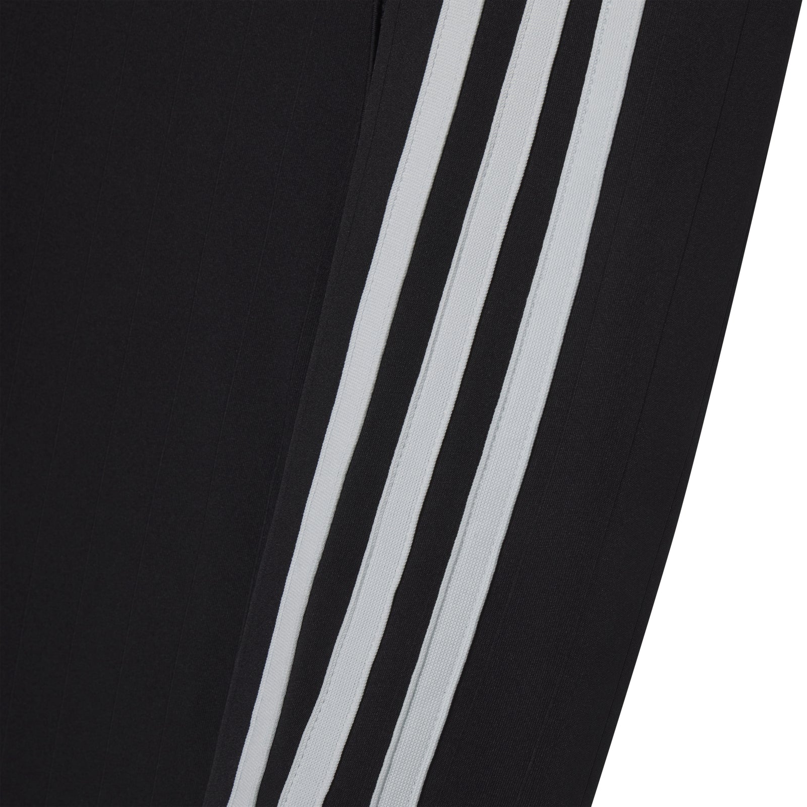 Black polyester fabric with three white adidas stripes.
