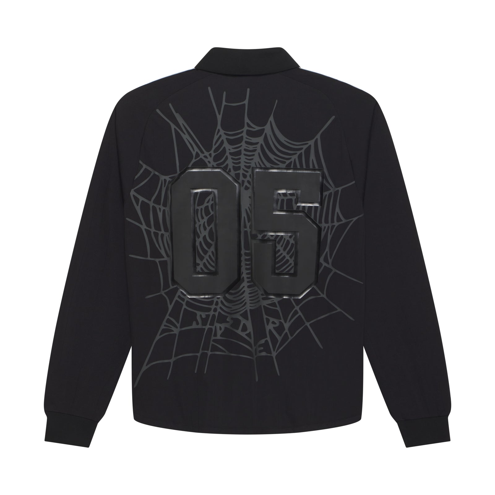 Black polyester SP5DER long sleeve jersey with reflective "05" appliqué and tonal web graphic print on back.