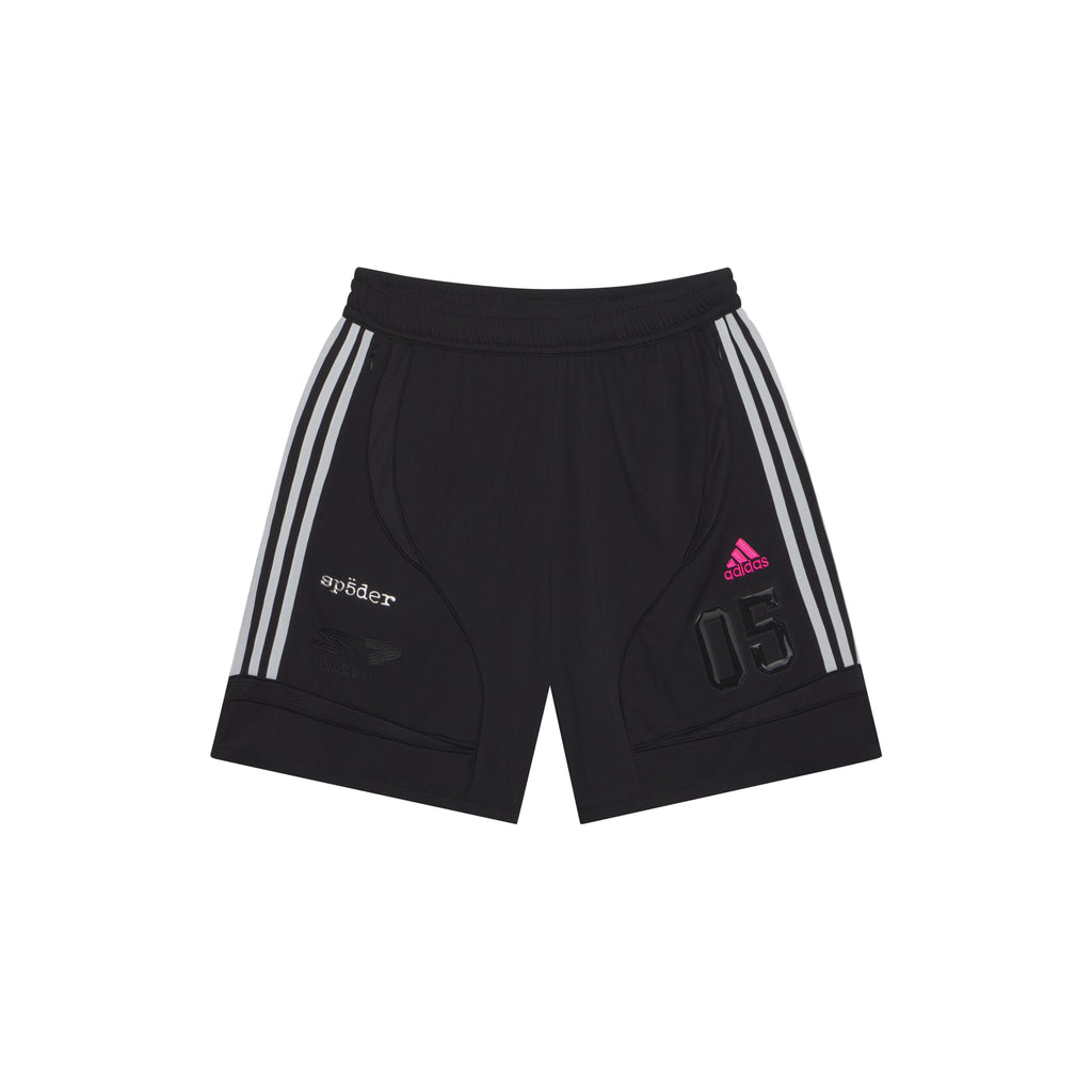 Black polyester SP5DER FOOTBALL SHORT with white adidas 3-Stripes, pink adidas logo, SP5DER graphic, and raised "05" appliqué.