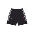 Black polyester SP5DER FOOTBALL SHORT with white adidas 3-Stripes, pink adidas logo, SP5DER graphic, and raised "05" appliqué.