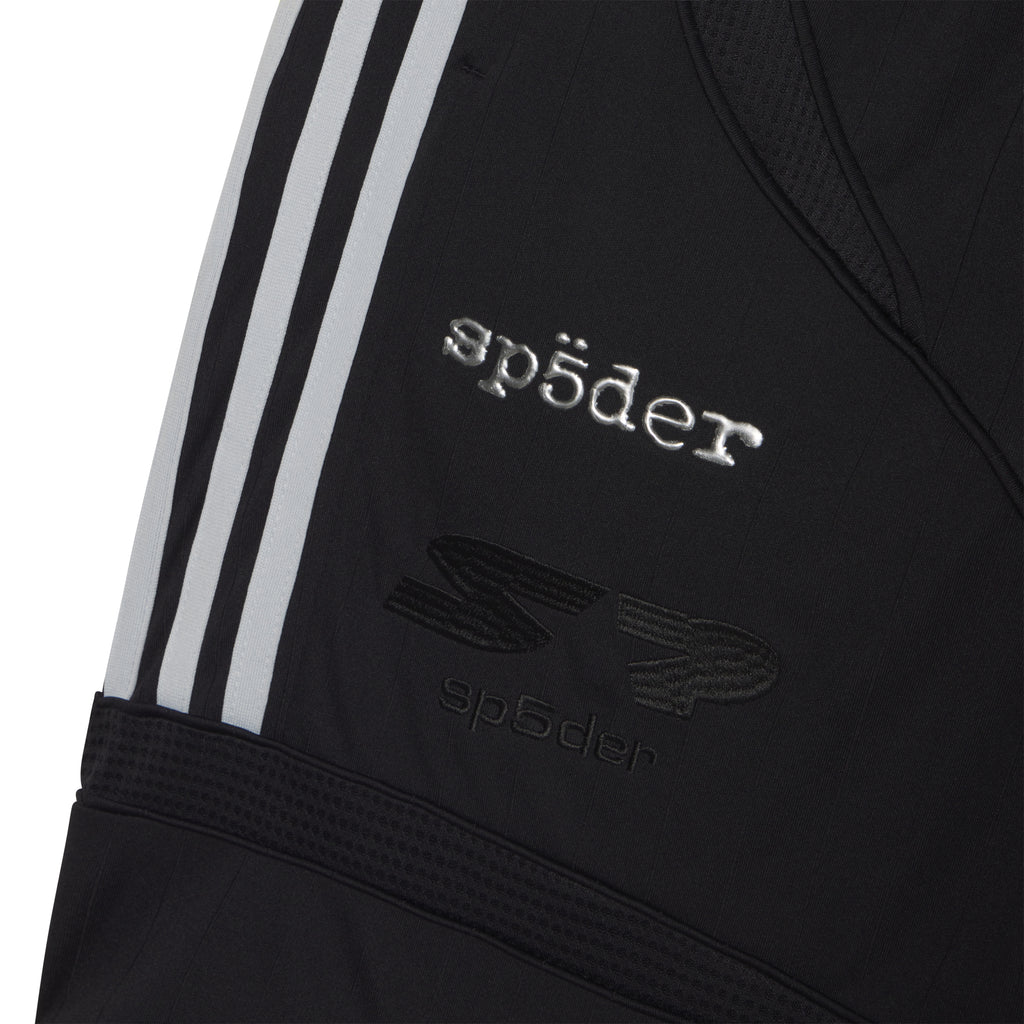 Black polyester SP5DER FOOTBALL SHORT with white adidas 3-Stripes, embroidered SP5DER logo graphic, and raised "05" appliqué.