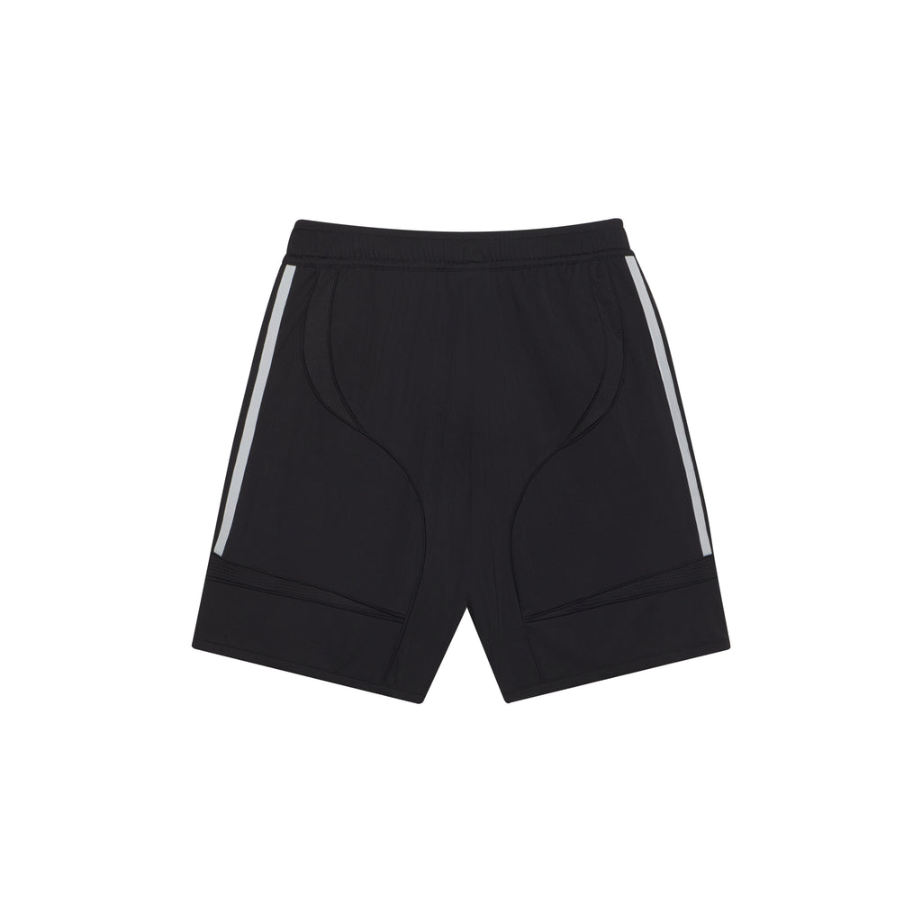 Black polyester SP5DER football shorts with white adidas 3-Stripes and curved panel seams.