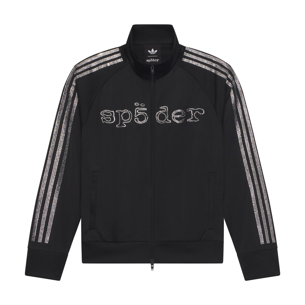 Black polyester SP5DER RHINESTONE TRACK TOP with full-zip, stand collar, rhinestone adidas 3-Stripes, and SP5DER graphic.