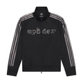 Black polyester SP5DER RHINESTONE TRACK TOP with full-zip, stand collar, rhinestone adidas 3-Stripes, and SP5DER graphic.