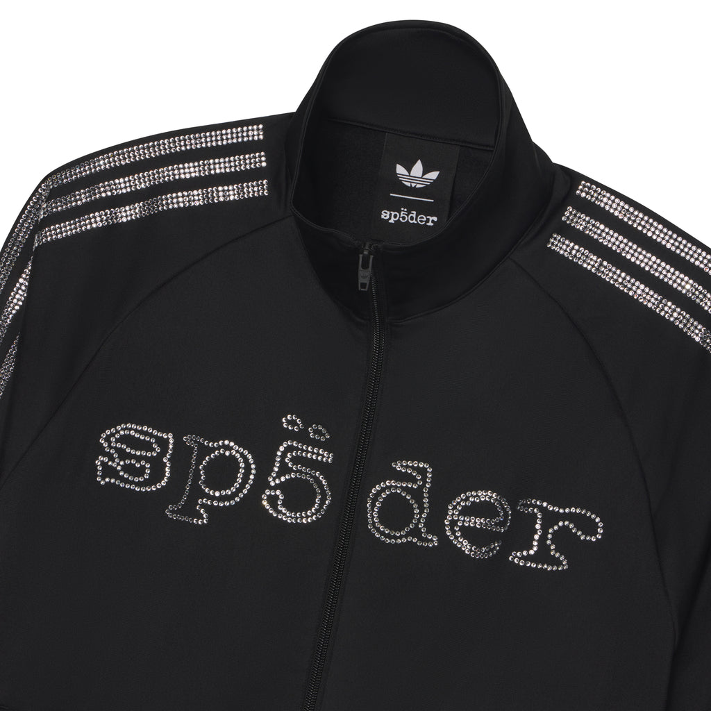 Black polyester SP5DER RHINESTONE TRACK TOP with rhinestone adidas 3-Stripes and SP5DER logo graphic.