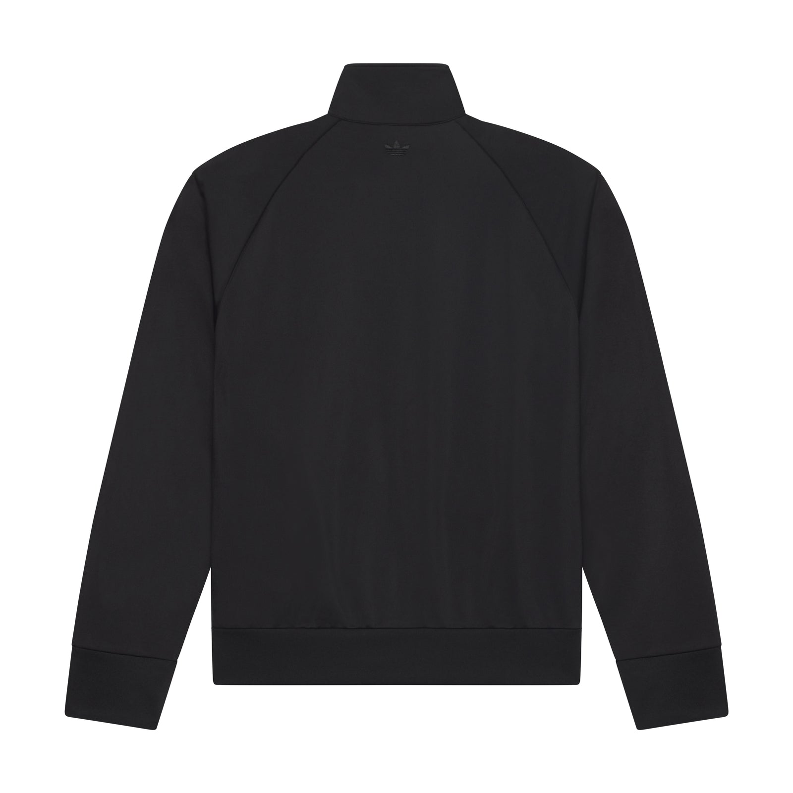 Black polyester track top with stand collar and subtle adidas logo graphic on the back.