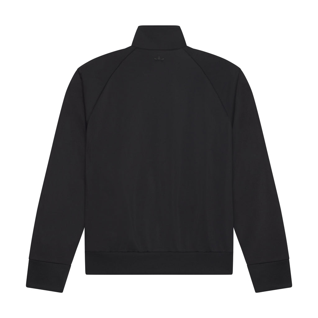 Black polyester track top with stand collar and subtle adidas logo graphic on the back.