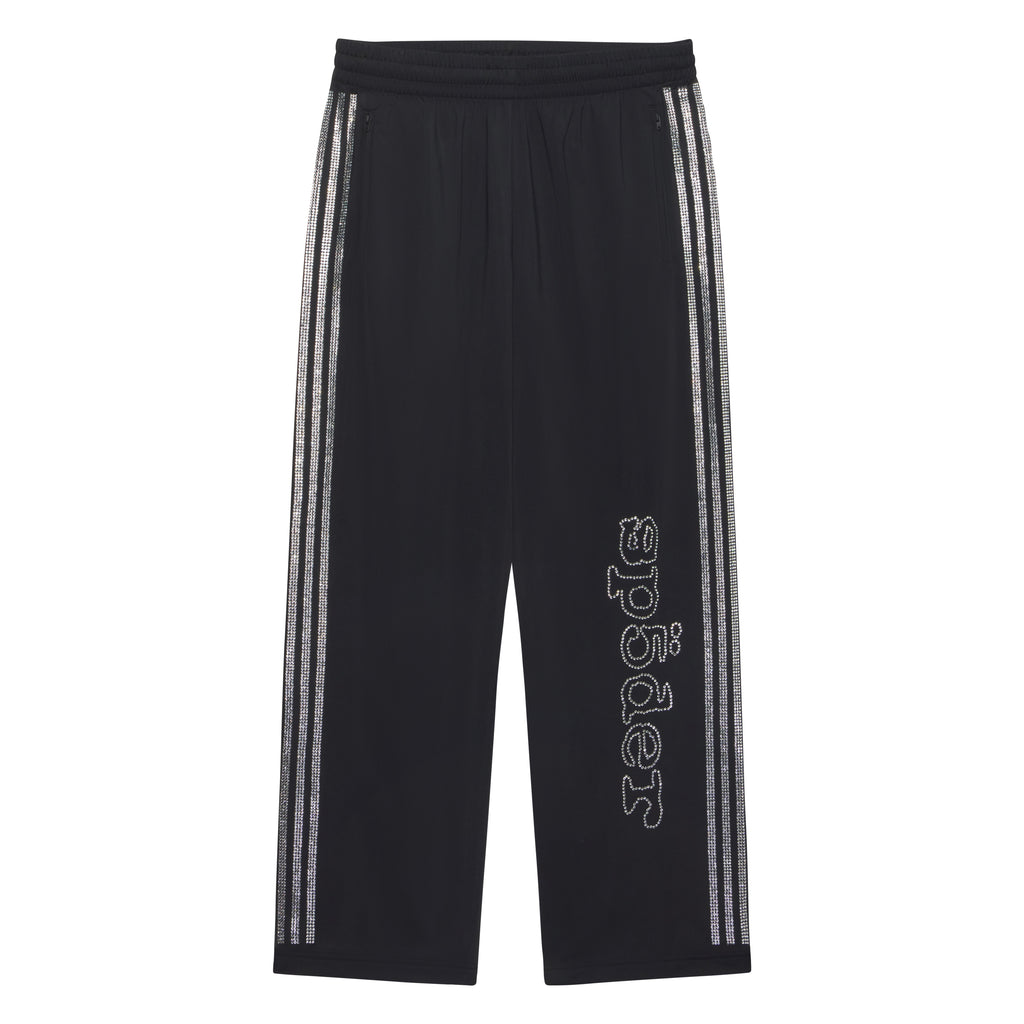 Black polyester track pant with rhinestone adidas 3-Stripes and SP5DER graphic.