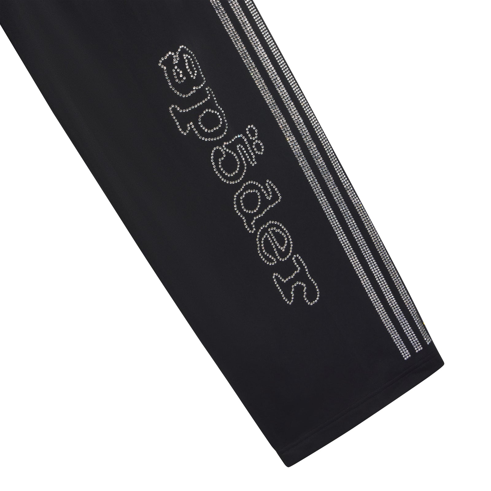 Black polyester track pant with rhinestone SP5DER graphic and adidas 3-Stripes.