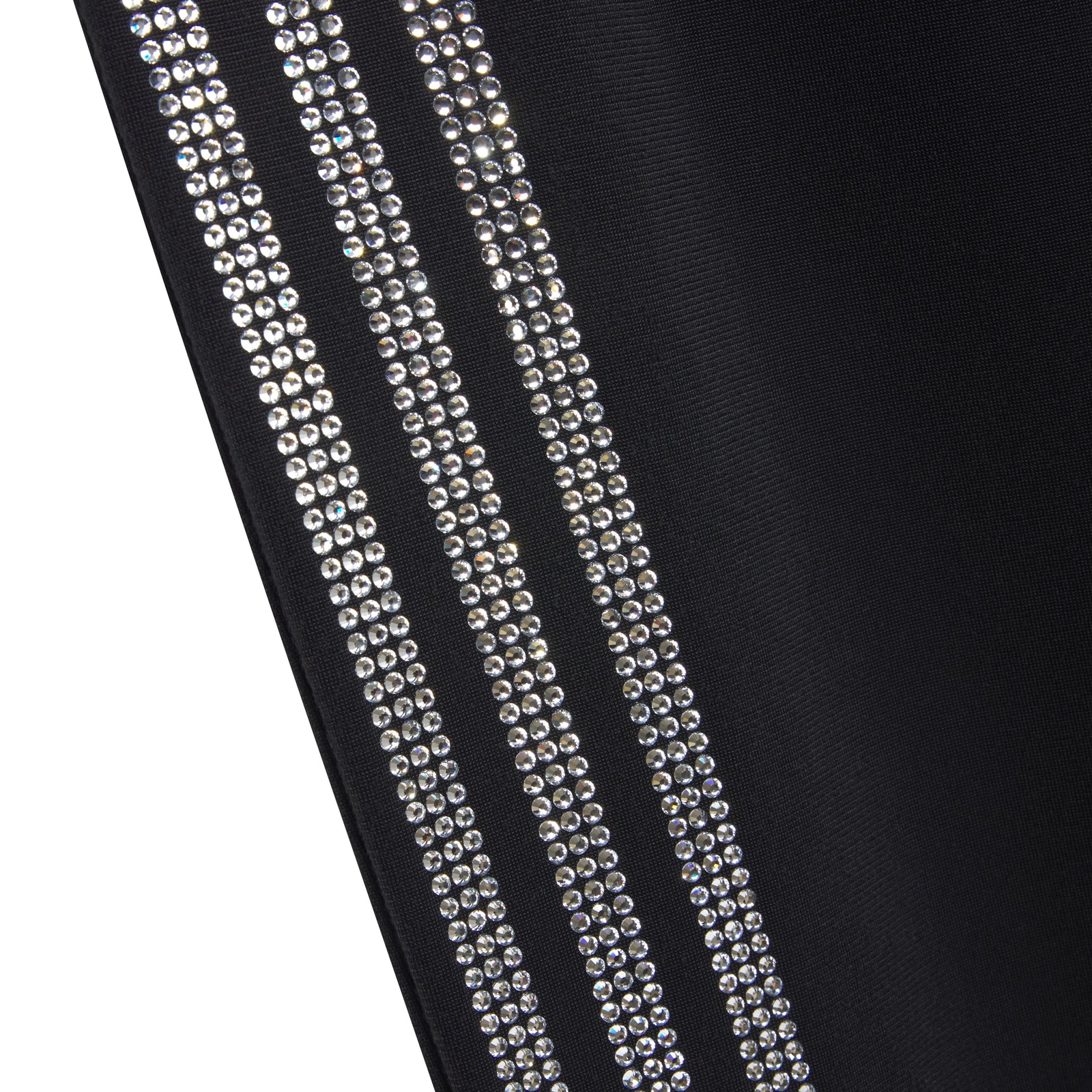 Black polyester track pant with rhinestone adidas 3-Stripes graphic design.
