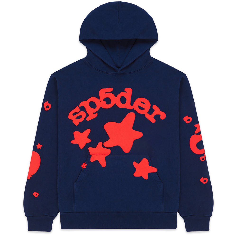 Navy BELUGA HOODIE with red "SP5DER" puff print and stars on front, 23oz fleece.
