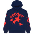 Navy BELUGA HOODIE with red "SP5DER" puff print and stars on front, 23oz fleece.