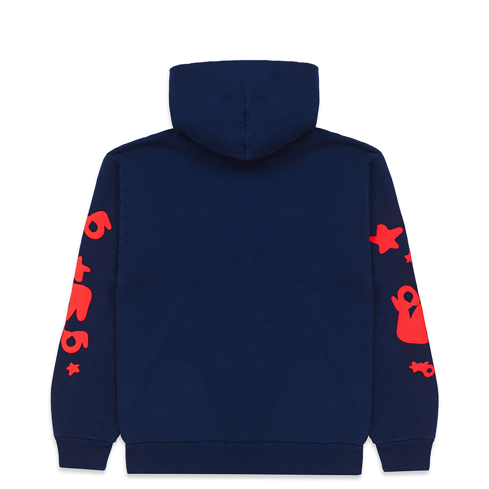 Navy BELUGA HOODIE with red puff print and discharge print on sleeves.