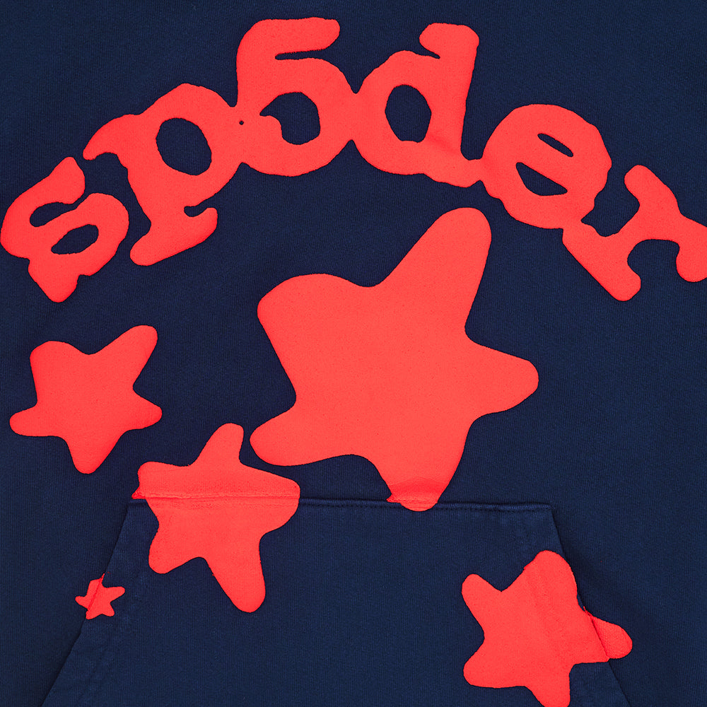 Navy BELUGA HOODIE with bold red "SP5DER" puff print and star designs on 23oz fleece.