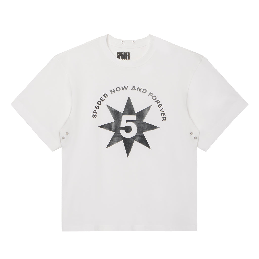 White cotton t-shirt with a black graphic print, star design, and silver-tone metal eyelets at the underarms.
