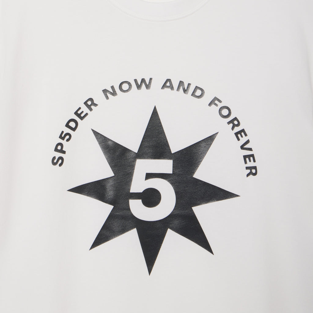 White 100% cotton tee featuring a black star graphic print with a number 5 and Now and Forever text on the front.