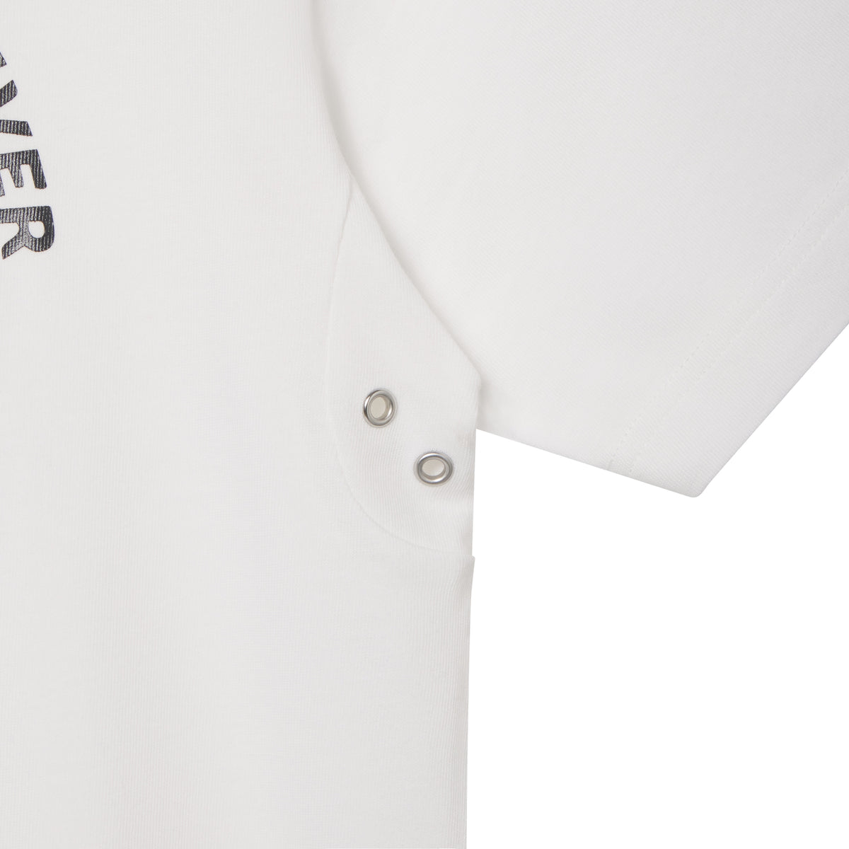 White cotton tee featuring a graphic print and two silver-tone metal eyelets at the underarm.