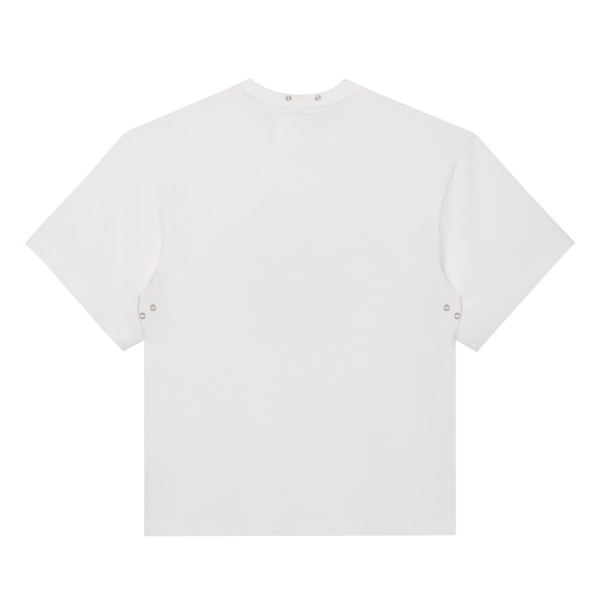 White 100% cotton standard fit tee featuring silver-tone metal eyelets at the underarms and neckline.